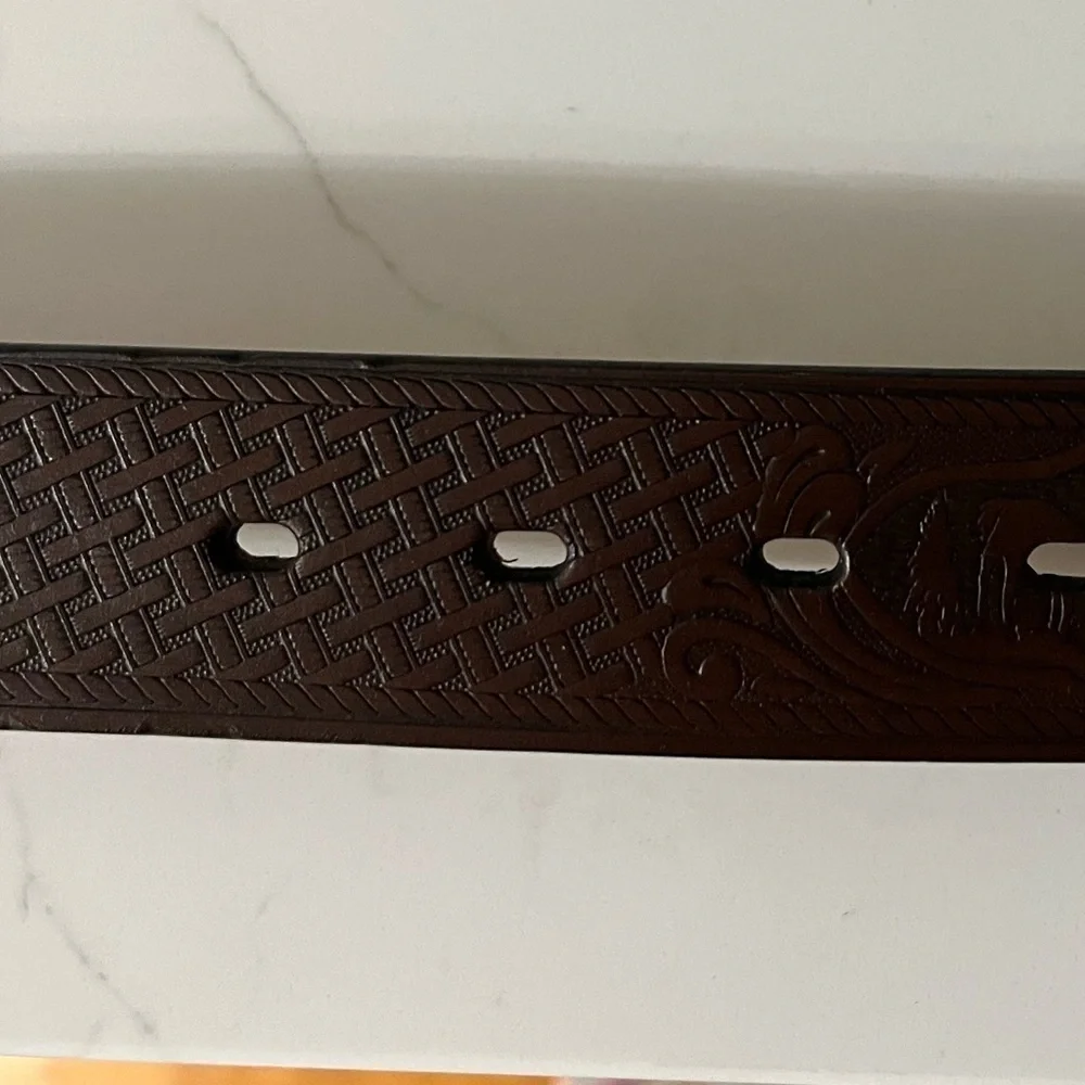 Genuine Leather Tooled Dark Brown Western Belt Deer in Forest Silver Tone Buckle